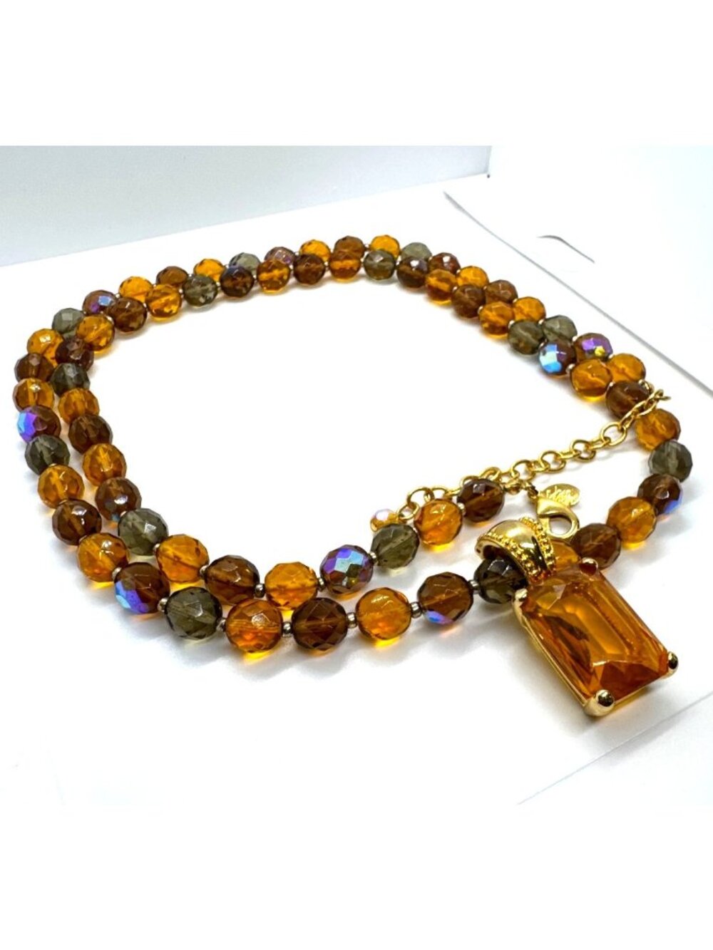 Joan Rivers Faceted Amber Glass Beaded Necklace Gold Tone Pendant Statement